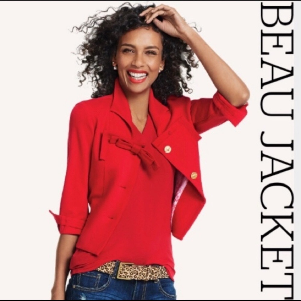 CAbi Beau Jacket size 6 Blazer Red Bow Gold Buttons‎ # 3035 Classic Career